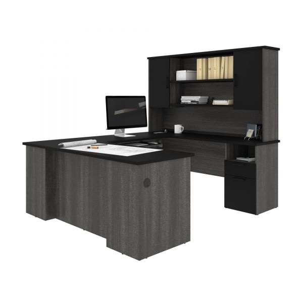 Bestar Norma U-Shaped Desk With Hutch - Black & Bark Gray