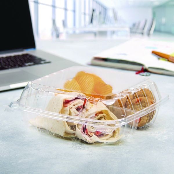 Dart Clearseal Hinged-Lid Plastic Containers, 8.25 X 8.25 X 3, Clear, Plastic, 125/Pack, 2 Packs/Carton