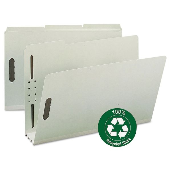Smead Recycled Pressboard Fastener Folders, 3" Expansion, 2 Fasteners, Legal Size, Gray-Green Exterior, 25/Box