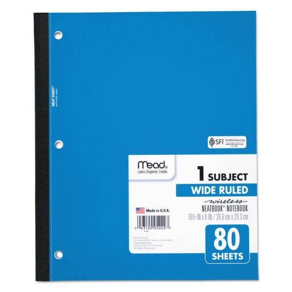 Mead Wireless Neatbook Notebook, 1-Subject, Wide/Legal Rule, Randomly Assorted Cover Color, (80) 10.5 X 8 Sheets