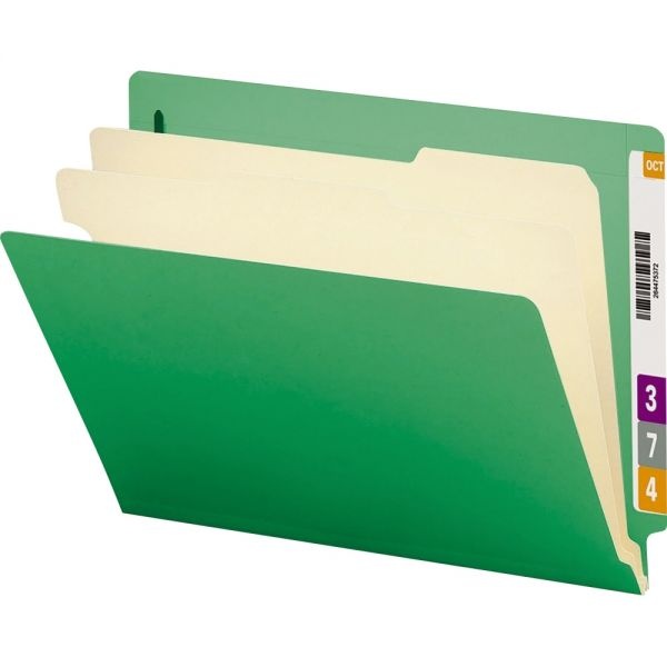 Smead Colored End Tab Classification Folders With Dividers, 2" Expansion, 2 Dividers, 6 Fasteners, Letter Size, Green, 10/Box