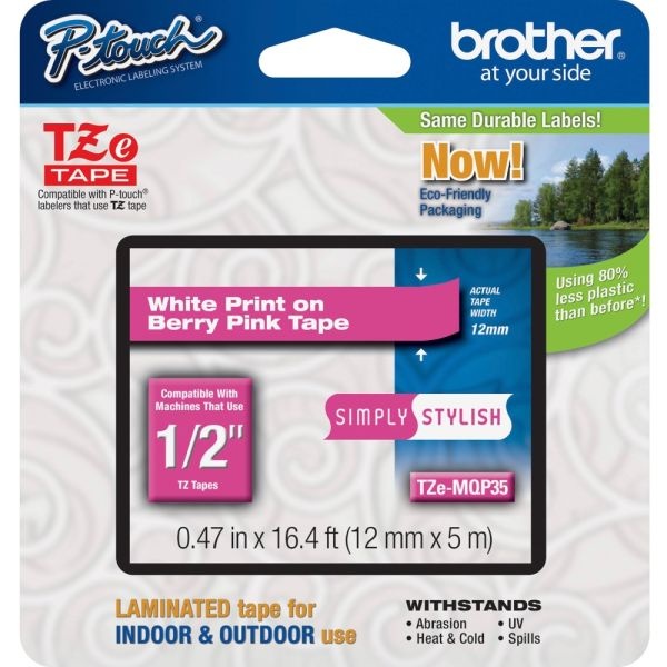 Brother Tze-Mqp35 White-On-Berry Pink Tape, 0.5" X 196.8"