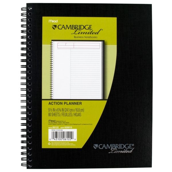 Cambridge Limited Quicknotes Action Planner Legal Pad, 7 1/2" X 9 1/2", 30% Recycled, Black, 80 Sheets
