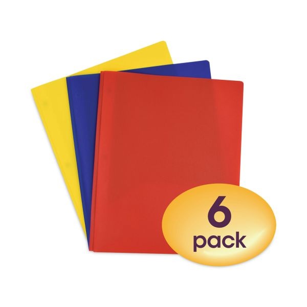 Smead Poly Two-Pocket Folder With Fasteners, 130-Sheet Capacity, 11 X 8.5, Assorted, 6/Pack
