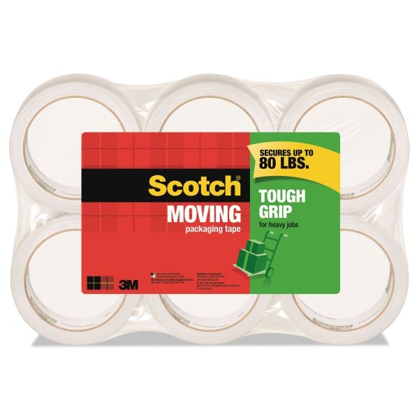 Scotch Tough Grip Moving Packaging Tape, 3" Core, 1.88" X 54.6 Yds, Clear, 6/Pack