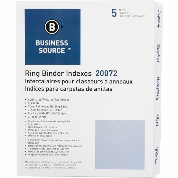 Business Source 3-Ring 5-Tab Erasable Tab Indexes - 5 Write-On Tab(S)2" Tab Width - 8.5" Divider Width X 11" Divider Length - Letter - 3 Hole Punched - White Divider - Mylar Tab(S) - Recycled - Erasable, Reinforced Edges, Punched, Laminated