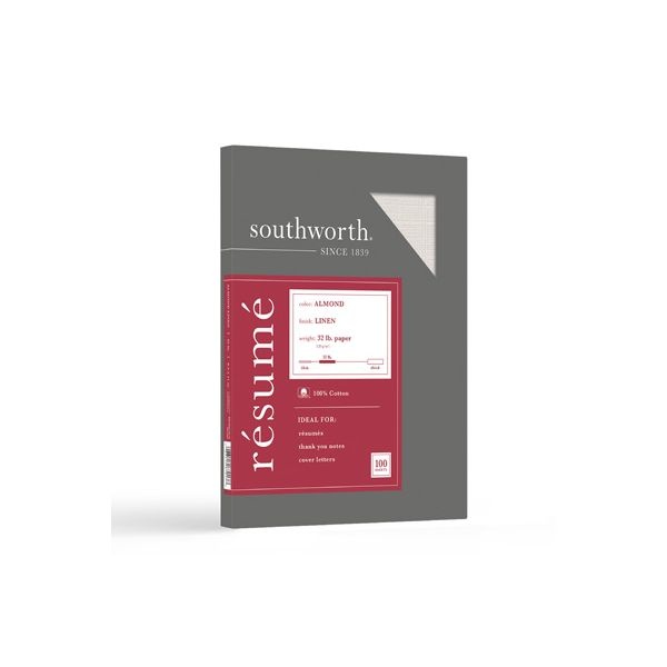 Southworth 100% Cotton Premium Weight Linen Resume Paper, 32 Lb Bond Weight, 8.5 X 11, Almond, 100/Pack