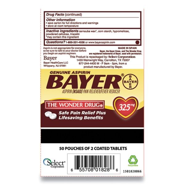 Bayer Aspirin Tablets, Two-Pack, 50 Packs/Box