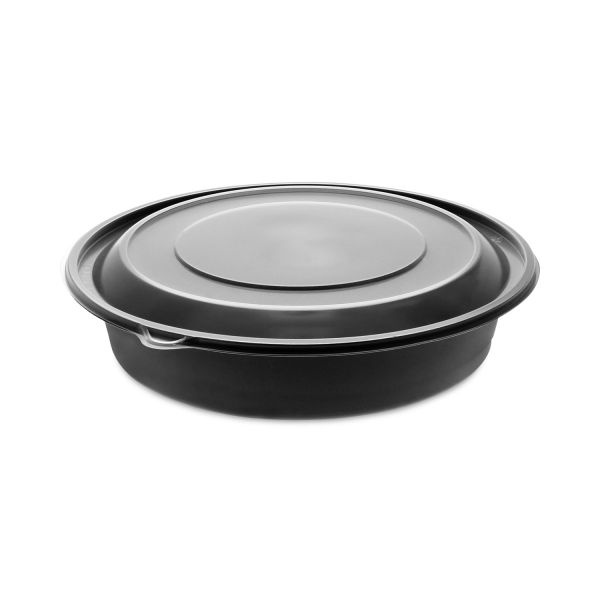 Pactiv Evergreen Earthchoice Mealmaster Container With Lid, 48 Oz, 10.13" Diameter X 2.13"H, 1-Compartment, Black/Clear, Plastic, 150/Carton