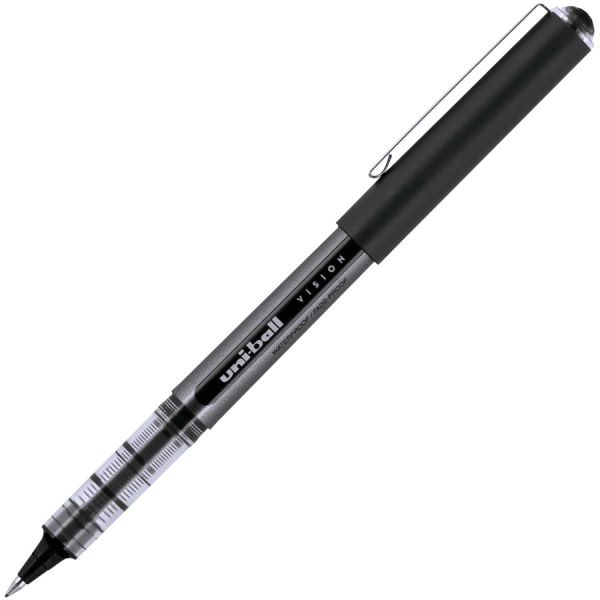 Uniball Vision Roller Ball Pen, Stick, Extra-Fine 0.5 Mm, Black Ink, Gray/Black/Clear Barrel, Dozen