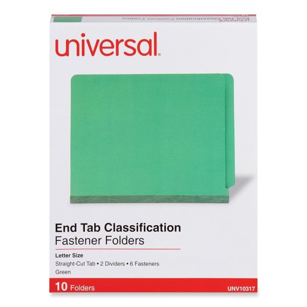 Universal Deluxe Six-Section Pressboard End Tab Classification Folders, 2 Dividers, 6 Fasteners, Letter Size, Green, 10/Box
