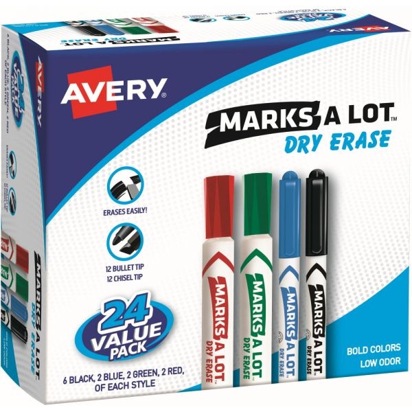 Avery Mark A Lot Desk/Pen-Style Dry Erase Marker, Chisel/Bullet Tip, Assorted, 24/Pk