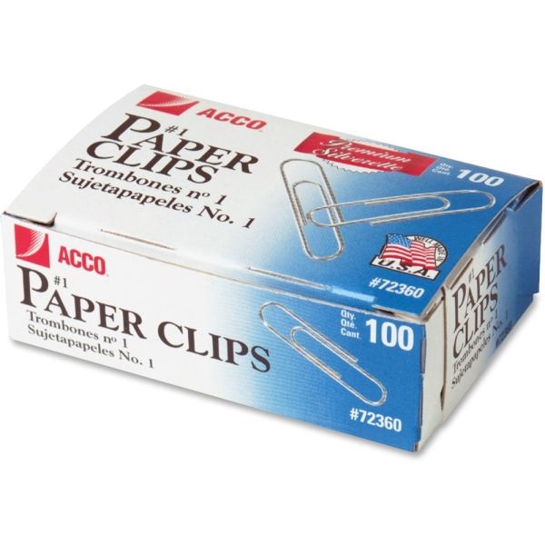 Acco Premium Paper Clips, Box Of 1000, No. 1, Silver