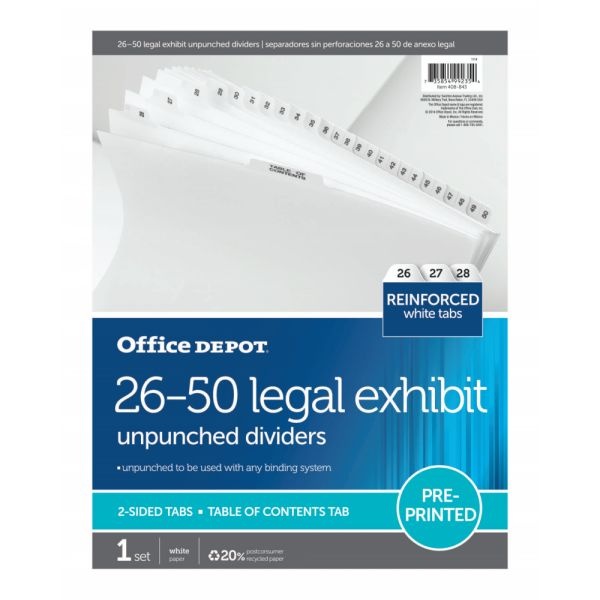 Legal Index Exhibit Unpunched Dividers With Laminated Tabs, Black/White, Numbered 26-50