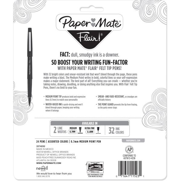 Paper Mate Point Guard Flair Felt Tip Porous Point Pen, Stick, Medium 0.7 Mm, Assorted Tropical Vacation Ink And Barrel Colors, 24/Pack