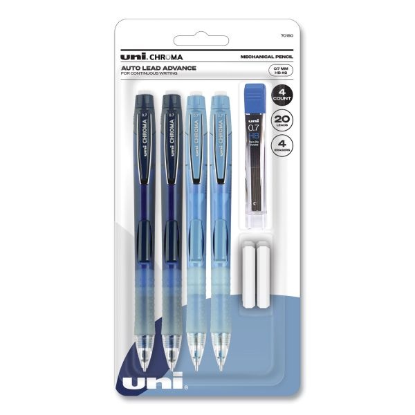 Uniball Chroma Mechanical Pencils With Tube Of Lead/Erasers, 0.7 Mm, Hb (#2), Black Lead, Assorted Barrel Colors, 4/Set