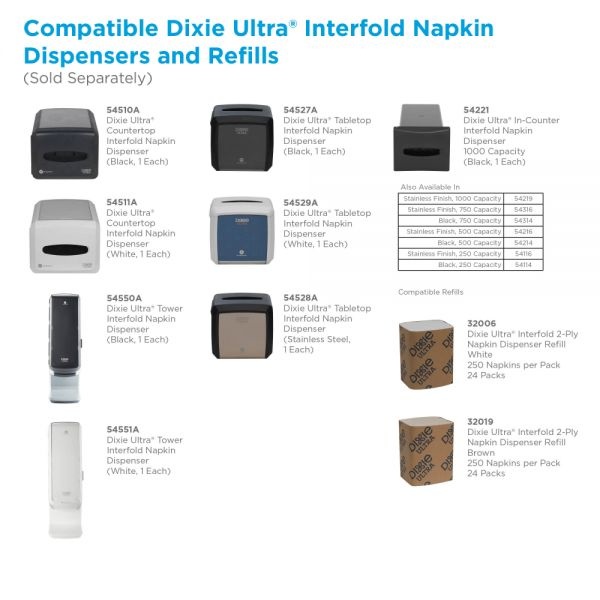 Georgia-Pacific Dixie Ultra 2-Ply Interfold Napkin Dispenser Refills, 6-1/2" X 5", White, 250 Napkins Per Pack, Case Of 24 Packs