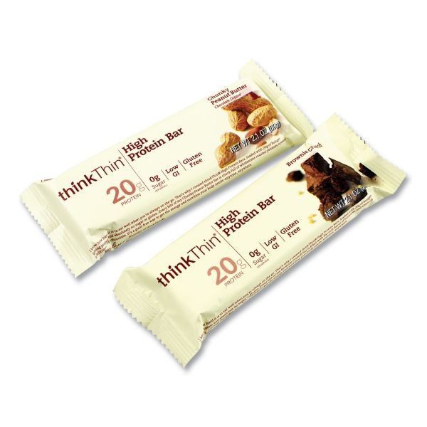 Thinkthin High Protein Bars, Brownie Crunch/Chunky Peanut Butter, 2.1 Oz Bar, 15 Bars/Carton