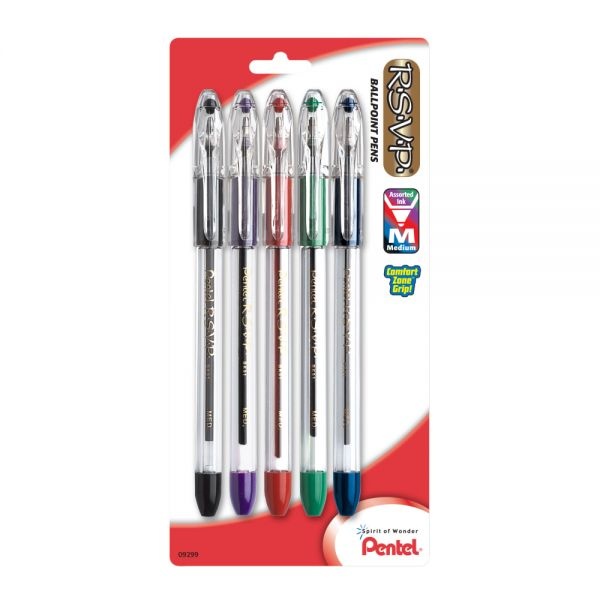 Pentel R.S.V.P. Ballpoint Pens, Fine Point, 0.7 Mm, Clear Barrel, Assorted Ink Colors, Pack Of 5
