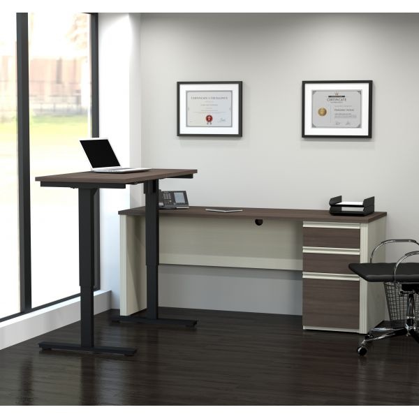 Bestar Prestige + L-Desk Including Electric Height Adjustable Table In White Chocolate & Antigua