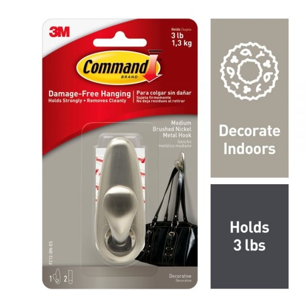 Command Adhesive Mount Metal Hook, Medium, Brushed Nickel Finish, 1 Hook And 2 Strips/Pack
