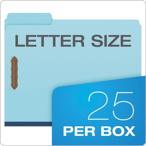 Pendaflex Heavy-Duty Pressboard Folders With Embossed Fasteners, 1/3-Cut Tabs, 1" Expansion, 2 Fasteners, Letter Size, Blue, 25/Box