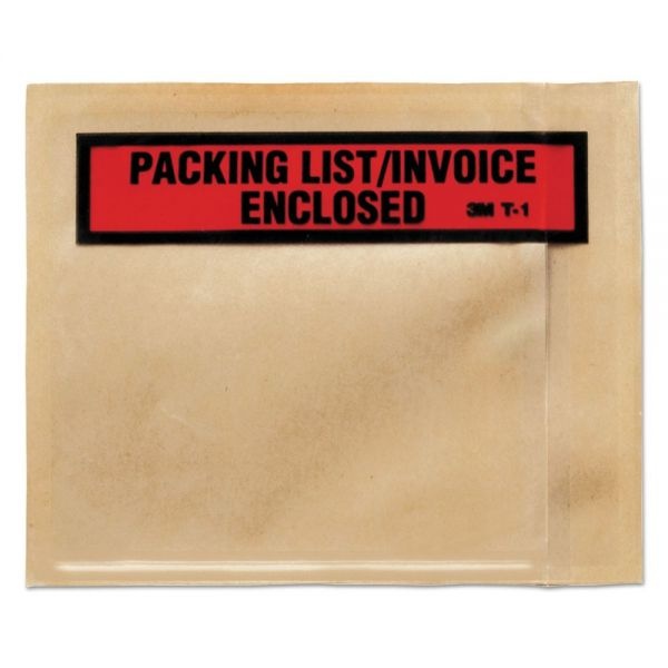 3M Top Print Self-Adhesive Packing List Envelope, Top-Print Front: Packing List/Invoice Enclosed, 4.5 X 5.5, Clear, 1,000/Box
