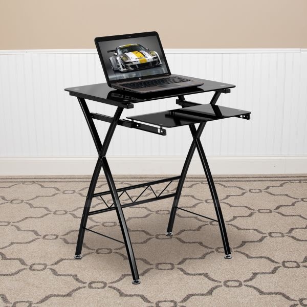 Norris Black Tempered Glass Computer Desk With Pull-Out Keyboard Tray