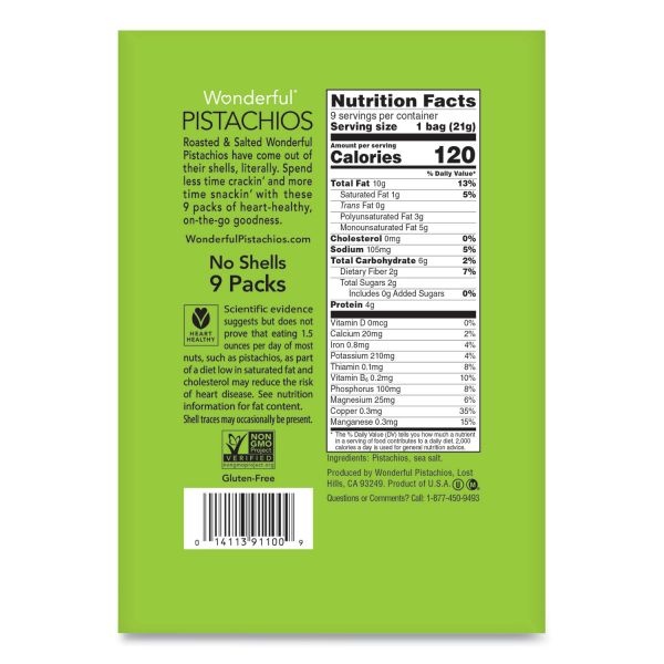 Paramount Farms Wonderful No Shells Pistachios, Roasted And Salted, 0.75 Oz Bag, 9 Bags/Box, 4 Boxes/Carton