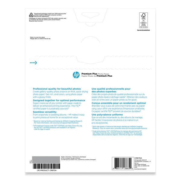 Hp Premium Plus Photo Paper For Inkjet Printers, Glossy, Letter Size (8 1/2" X 11"), 80 Lb., Pack Of 25 Sheets (Cr670a)