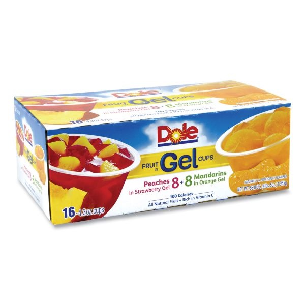 Dole Fruit In Gel Cups, Mandarins/Orange, Peaches/Strawberry, 4.3 Oz Cups, 16 Cups/Carton