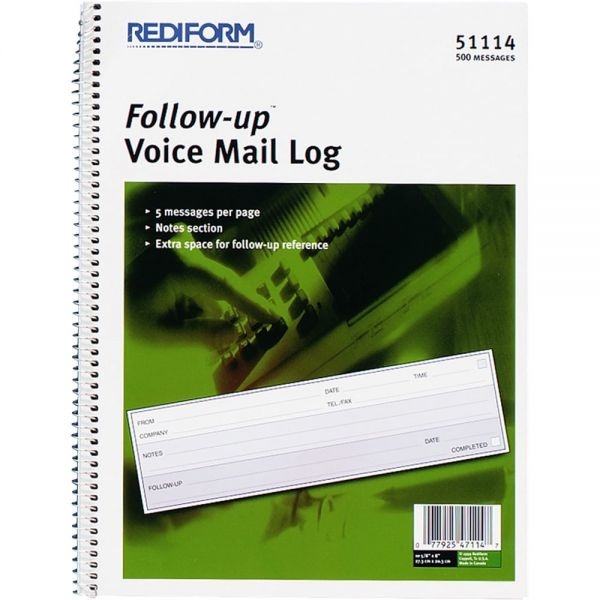 Rediform Follow-Up Wirebound Voice Mail Log Book, One-Part (No Copies), 7.5 X 2, 5 Forms/Sheet, 500 Forms Total