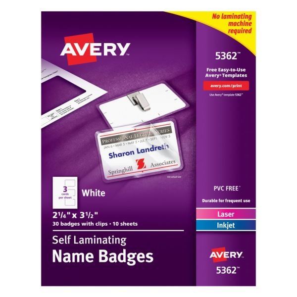 Avery Customizable Self-Laminating Name Badges, 5362, 2.25" X 3.5", White, 30 Name Tags With Clips