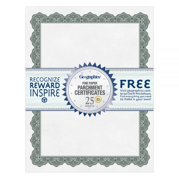 Geographics Parchment Paper Certificates, 8.5 X 11, Optima Green With White Border, 25/Pack