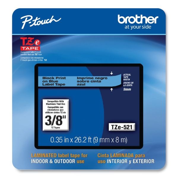 Brother P-Touch Tze Laminated Removable Label Tapes, 0.35" X 26.2 Ft, Black On Blue