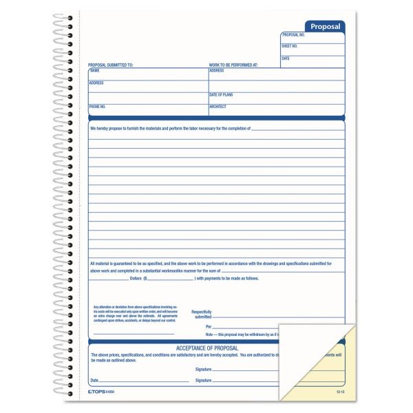 Tops Spiralbound Proposal Form Book, Two-Part Carbonless, 8.5 X 11, 1/Page, 50 Forms