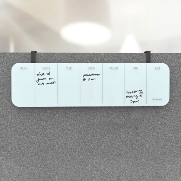 U Brands Magnetic Cubical Glass Dry Erase Weekly Board, 20 X 5.5 Inches, White Frosted Surface, Frameless