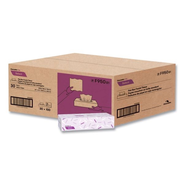 Cascades Pro Select Flat Box Facial Tissue, 2-Ply, White, 100 Sheets/Box, 30 Boxes/Carton