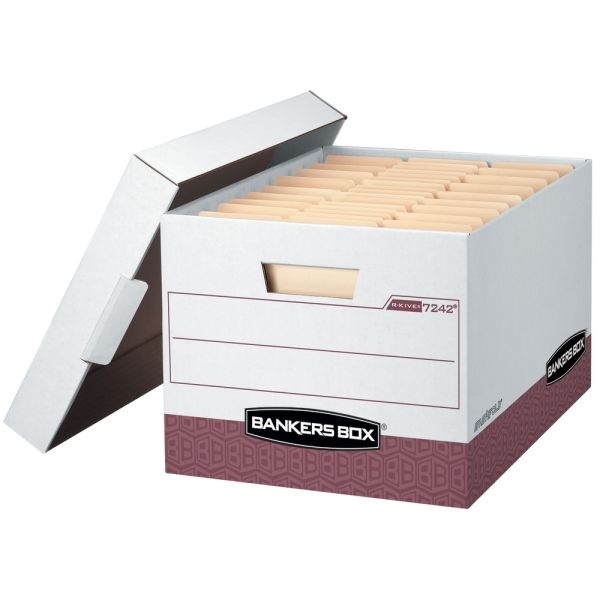 Bankers Box R Kive Standard-Duty Storage Boxes With Lift-Off Lids, Letter/Legal Size, 15" X 12" X 10", 60% Recycled, White/Red, Case Of 12