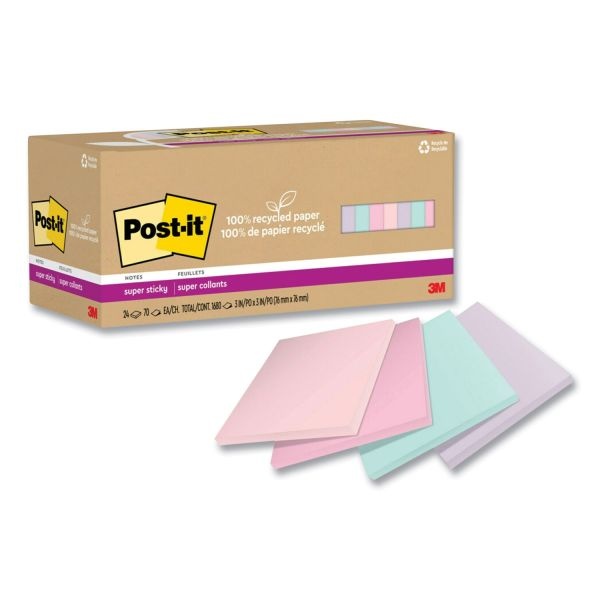 Post-It Notes Super Sticky 100% Recycled Paper Super Sticky Notes, 3" X 3", Wanderlust Pastels, 70 Sheets/Pad, 24 Pads/Pack