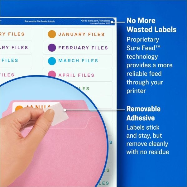 Avery Removable Extra-Large File Folder Labels, Sure Feed Technology, Removable Adhesive, White, 15/16” X 3-7/16”, 450 Labels (8425)