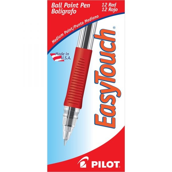 Pilot Easytouch Ballpoint Pen, Stick, Medium 1 Mm, Red Ink, Clear/Red Barrel, Dozen
