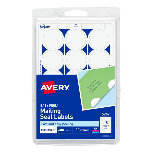 Avery Permanent Mailing Seals, 5247, Round, 1" Diameter, Pack Of 600