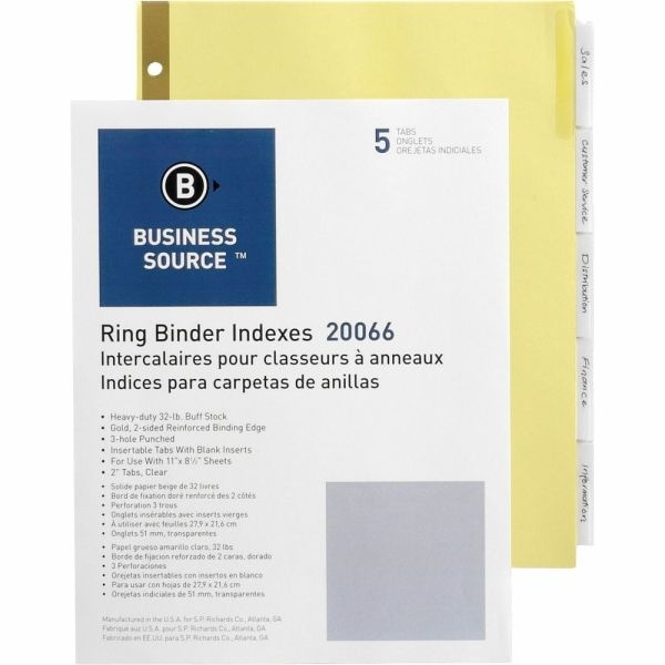 Business Source Insertable 5-Tab Ring Binder Indexes - 5 X Divider(S) - 5 Tab(S)/Set2" Tab Width - 8.5" Divider Width X 11" Divider Length - Letter - 3 Hole Punched - Buff Divider - Clear Tab(S)