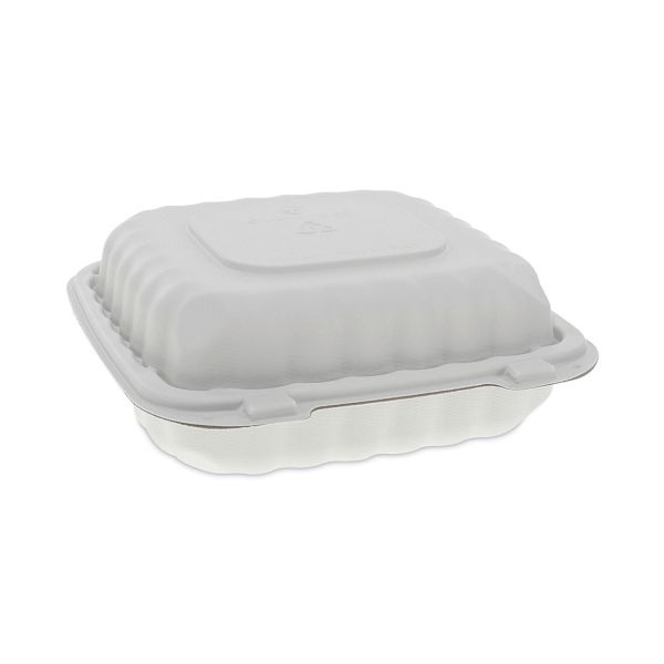Pactiv Evergreen Earthchoice Smartlock Microwavable Mfpp Hinged Lid Container, 3-Compartment, 8.31 X 8.35 X 3.1, White, Plastic, 200/Carton