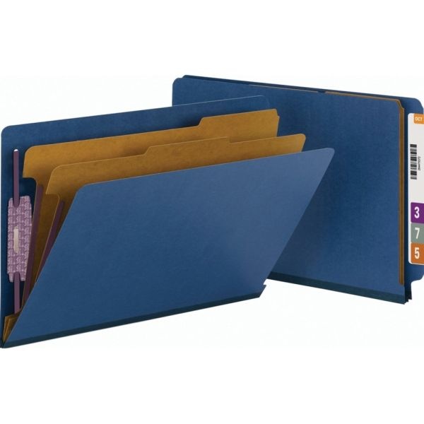 Smead End-Tab Classification Folders, 2" Expansion, 2 Dividers, 8 1/2" X 14", Legal, 50% Recycled, Dark Blue, Box Of 10