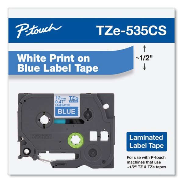 Brother P-Touch Tze Laminated Removable Label Tapes, 0.47" X 26.2 Ft, White On Blue