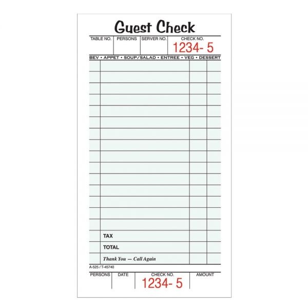 Adams Guest Check Books, 1-Part, 3 2/5" X 6 3/4", 10 Pads Of 50 Sheets Each (500 Guest Checks Total)