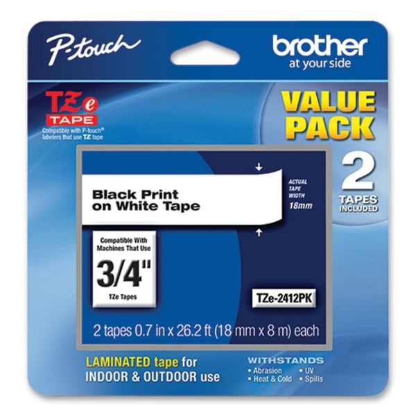 Brother P-Touch Tze Standard Adhesive Laminated Labeling Tape, 0.7" X 26.2 Ft, Black On White, 2/Pack