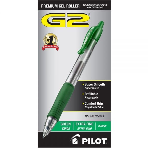 Pilot G2 Premium Gel Pen, Retractable, Extra-Fine 0.5 Mm, Green Ink, Smoke Barrel, Dozen